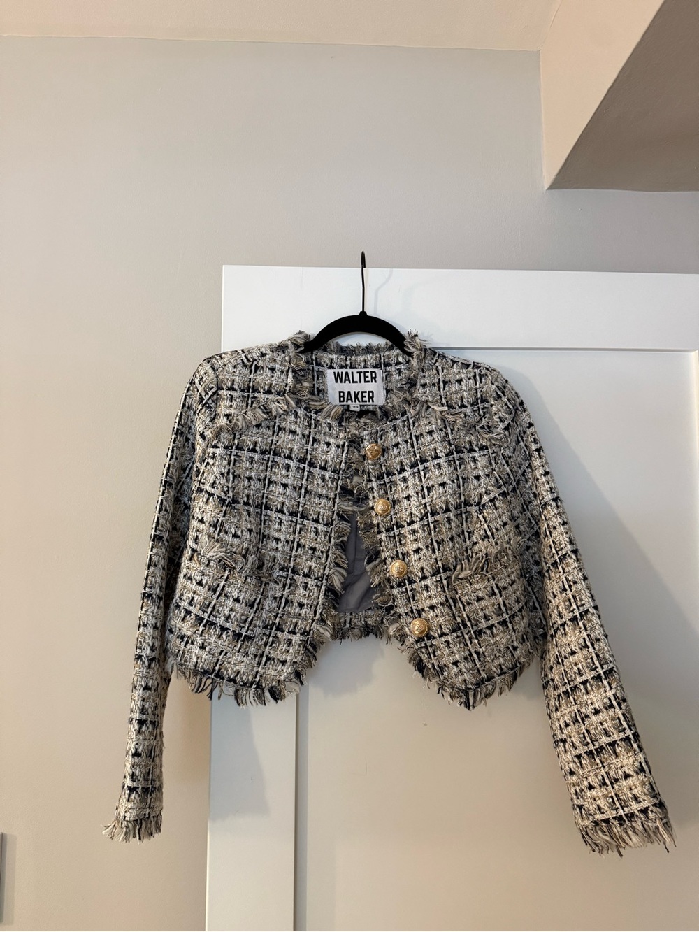 Walter Baker Black & White Tweed Fringed Cropped Blazer